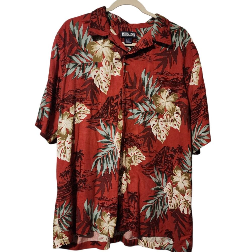 Lands End Hawaiian Shirt Button Down Large Red Floral Short Sleeve Tropical